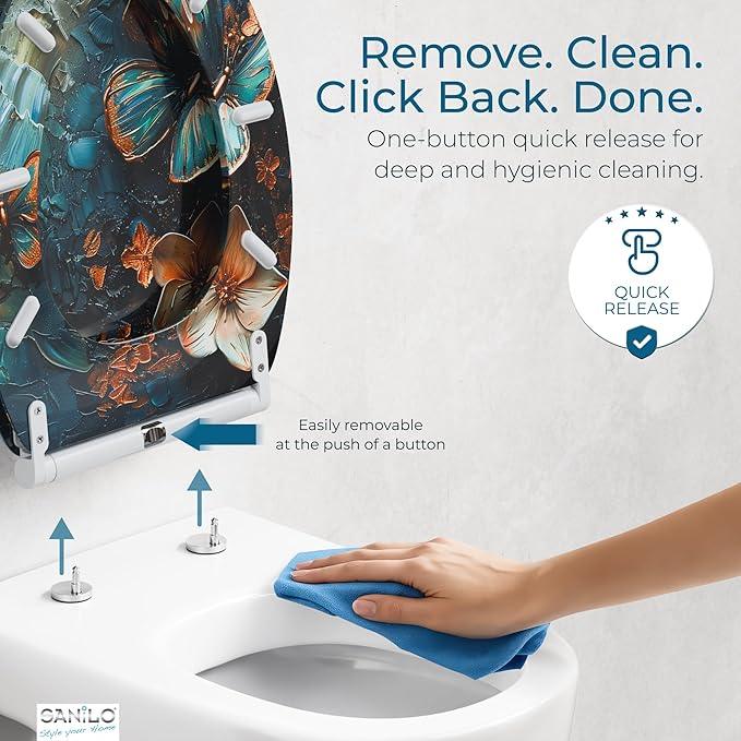 Sanilo Wooden Toilet Seat with Quick Release & Soft Close [ELONGATED] - Decorative & Slow Close Molded Wood Seat - With One Click for Easy Installation & Cleaning - With Adjustable Fit (Mariposa) - ModernBath