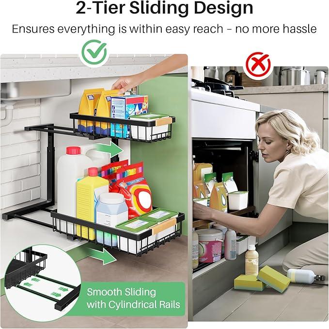 Pull out Cabinet Organizer, 2 Tier Under Sink Organizer, Slide out Metal Kitchen Cabinet Organizers Drawer Shelf, Sliding Storage Shelves for Kitchen Bathroom Pantry Cabinet Closet Organization Rack - ModernBath