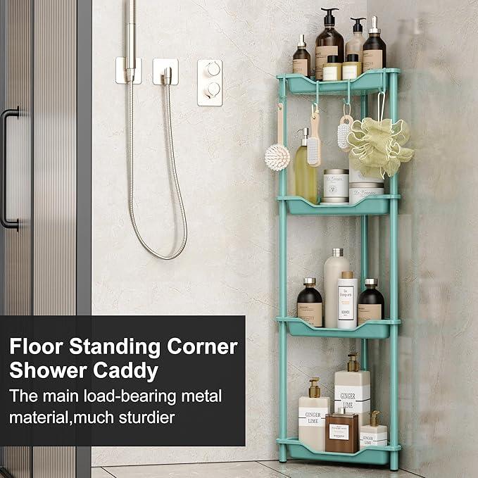 Orimade Rustproof 4 Tier Floor Standing Corner Shower Caddy Organizer, Plastic Metal Splicing Floor Corner Shelf Rack Stands for Bathroom, Blue - ModernBath
