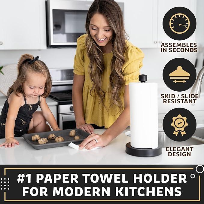 Dear Household Stainless Steel Paper Towel Holder Easy One-Handed Operation - This Sturdy Weighted Paper Towel Dispenser Countertop Model Has Suction Cups and Holds All Paper Towel Rolls - Black - ModernBath