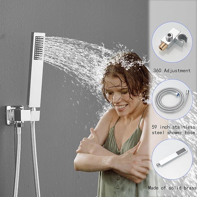 YCAIKOI Chrome Shower System, 8 Inch High Pressure Rain Shower with Handheld, Wall Mount Shower Faucet Set for Bathroom, Rough-in Valve Body and Trim Included - ModernBath