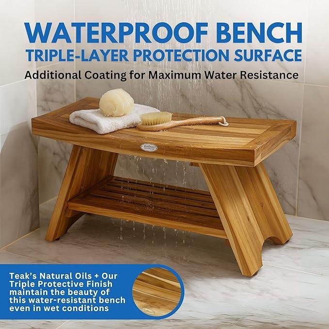 EcoDecors 30 Inch Serenity Teak Shower Bench – Waterproof Bathroom Seat with Large Storage Shelf For Adults & Seniors | Spa-Style Teak Wood Stool with Non-Slip Feet, Elegant Finish, 300 Pound Capacity - ModernBath