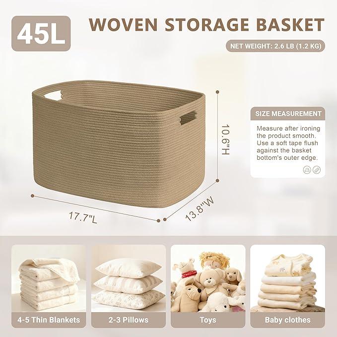 45L Small Wicker Laundry Basket for Living Room Storage,Cute Boho Woven Cotton Rope Baskets for Kids Toy,Gifts,Square Blanket Hamper for Bedroom Dirty Clothes,Jute - ModernBath