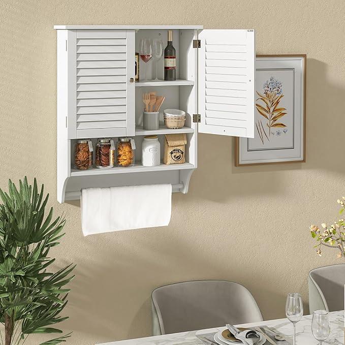 Giantex Wall Mounted Medicine Cabinet with 2 Louvered Doors, 3-Position Adjustable Shelf, Towel Bar, Above Toilet Space Saver (White) - ModernBath