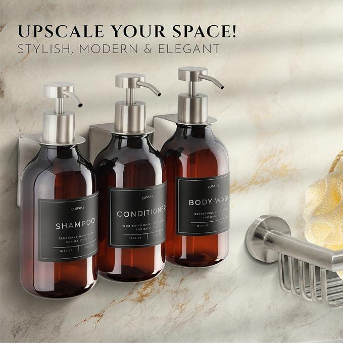 Shampoo & Conditioner Dispenser - Shower Soap Dispenser Wall Mounted - Set of 3 16.9 Oz Plastic Bottles with Pump & Holder - Shampoo Dispenser - Shower Dispenser Chamber No Drill (3 X Amber/Silver) - ModernBath