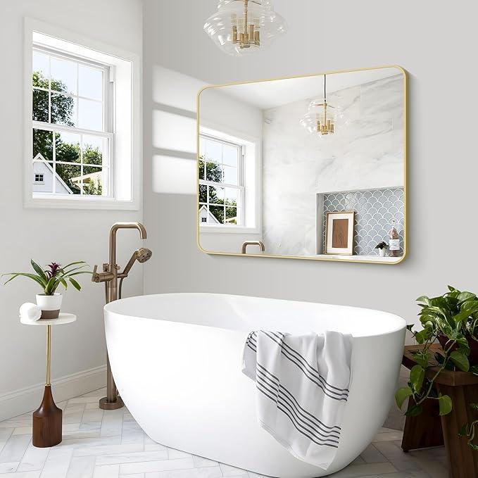 BONEWEI Gold Bathroom Mirror,40x48 inch Wall Mirror for Bathroom Wall Mounted,Round Rectangle Mirror for Bathroom Over Sink,Modern Frame for Home Decor Living Room,Bedroom Entryway,Horizontal/Vertical - ModernBath