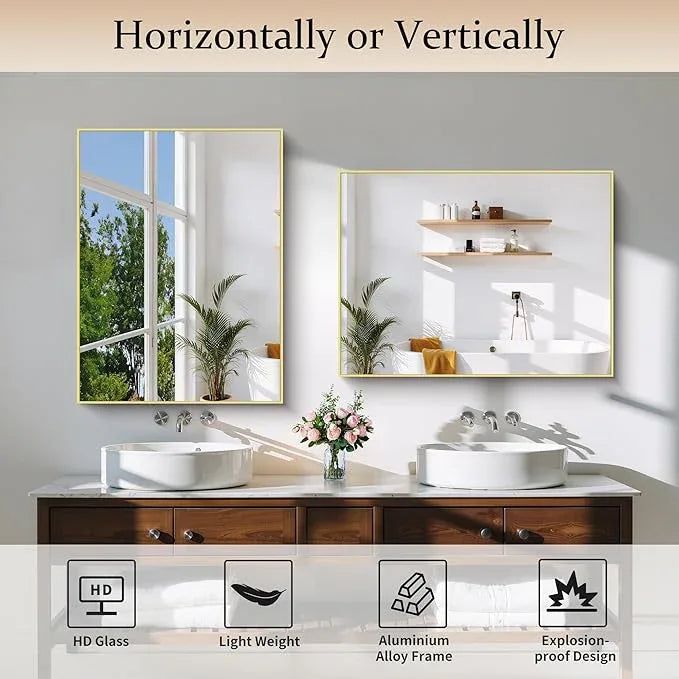 COFENY Gold Bathroom Mirror for Wall, 24x32 Inch Rectangle Mirror with Metal Frame, Modern Vanity Mirrors for Bathroom Living Room, Entryway Hangs Horizontal or Vertical - ModernBath