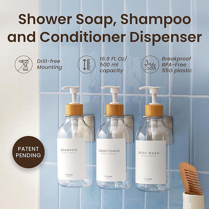 MaisoNovo Shampoo and Conditioner Dispenser - Shower Soap Dispenser Wall Mounted - 16.9 fl oz Set of 3 Clear Plastic Bottles White Bamboo Pump - Shampoo Dispenser, Shower Dispenser 3 Chamber No Drill - ModernBath