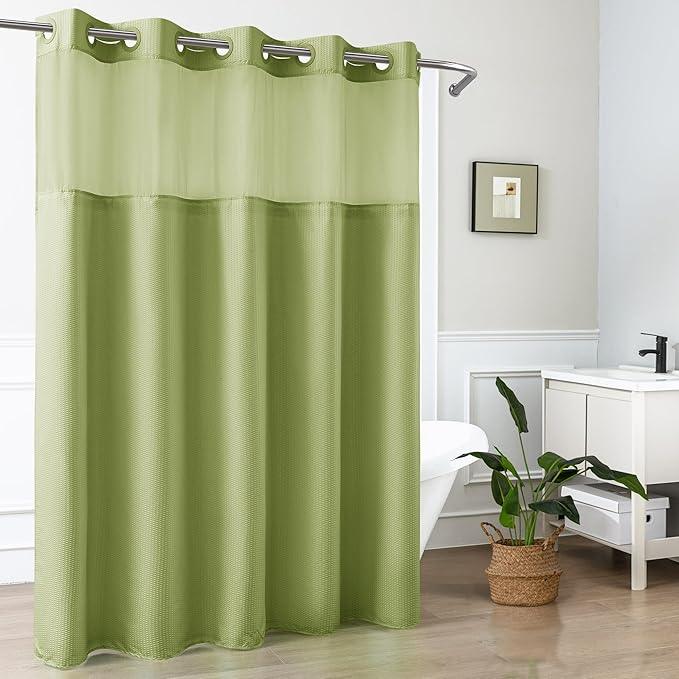 Mrs Awesome No Hook Shower Curtain with Snap-in Liner, Embossed Waffle Design Fabric Shower Curtain for Bathroom, Soft & Lightweight, 71x74, Sage Green - ModernBath