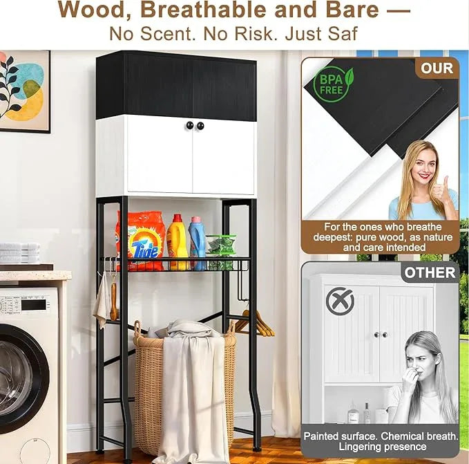 Over the Toilet Storage Cabinet - Freestanding Bathroom Organizer Shelf with Doors, Black & White Over the Toilet Shelves that Separates Wet and Dry Areas, Privacy Protection Above Toilet Storage Rack - ModernBath