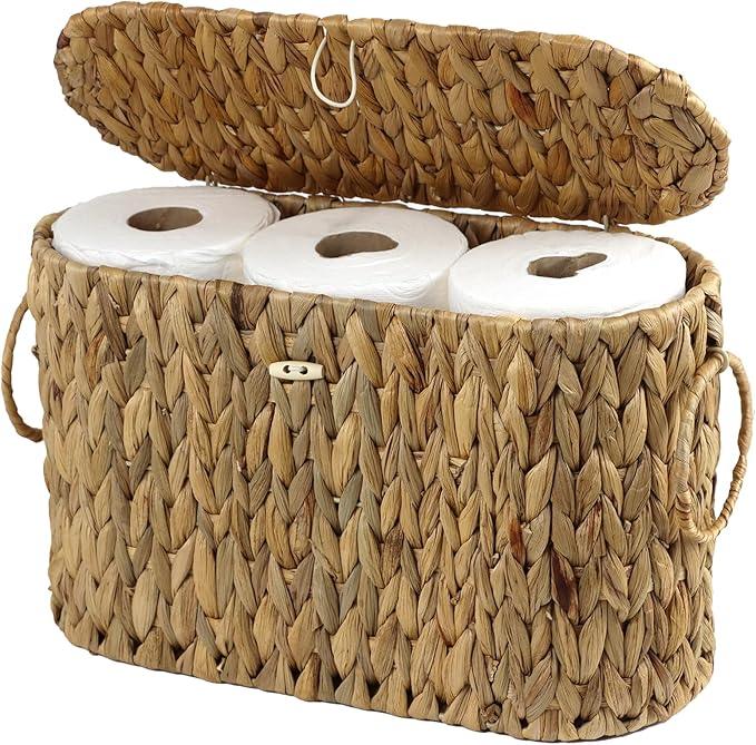 Toilet Paper Storage Basket with Lid, Water Hyacinth Slim Toilet Paper Holder - Holds Up to 6 Mega Rolls, Wicker Basket for Bathroom Accessories Decor Organizer - ModernBath