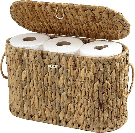 Toilet Paper Storage Basket with Lid, Water Hyacinth Slim Toilet Paper Holder - Holds Up to 6 Mega Rolls, Wicker Basket for Bathroom Accessories Decor Organizer - ModernBath