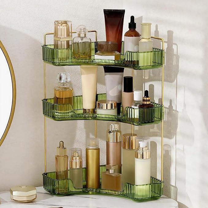 INVSSENE Corner Bathroom Countertop Organizer, Vanity Trays for Bathroom Counter, Makeup Organizer, Perfume Tray, Kitchen Spice Rack, Fits 90 Corner(Green, 3 Tiers) - ModernBath