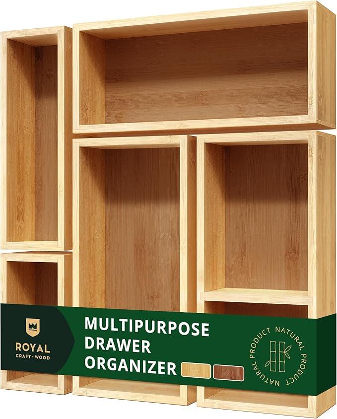 ROYAL CRAFT WOOD 5-Piece Bamboo Drawer Organizer Set – Multi-Use Storage Trays for Kitchen, Bathroom, Office, Makeup, Jewelry & More – Junk Drawer Tray, Utensil Holder, Storage Box & Bin Set (5 Boxes) - ModernBath