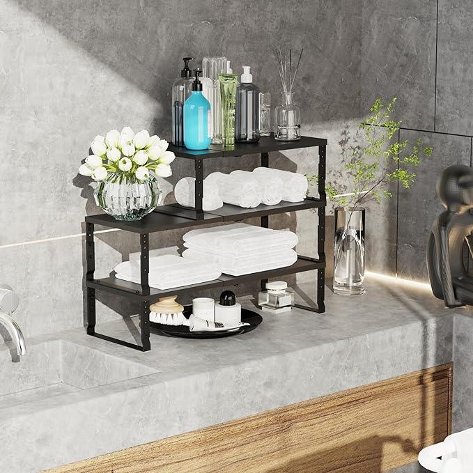 Expandable Stackable Spice Rack Organizer for Kitchen Cabinet,Adjustable Counter Shelf, countertop, Pantry,Cupboard,Bathroom,Bedroom(1Pack/Black/Large) - ModernBath