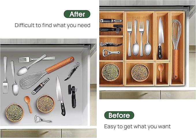 Kootek Bamboo Drawer Organizer with Removable Dividers, 6 Pcs Adjustable Kitchen Drawer Organizer Utensils Bamboo Organizers Silverware Storage Box Cutlery Tray Multi-Use for Bathroom, Makeup, Office - ModernBath