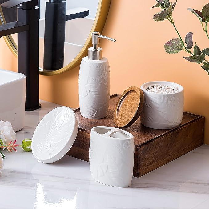 Bathroom Accessories Set,Leaf Design Bathroom Accessory Set,4 PCS Ceramic Gift Set Apartment Necessities, Contain Cotton Swab Jar,Soap Dispenser,Soap Dish,Tumbler White - ModernBath