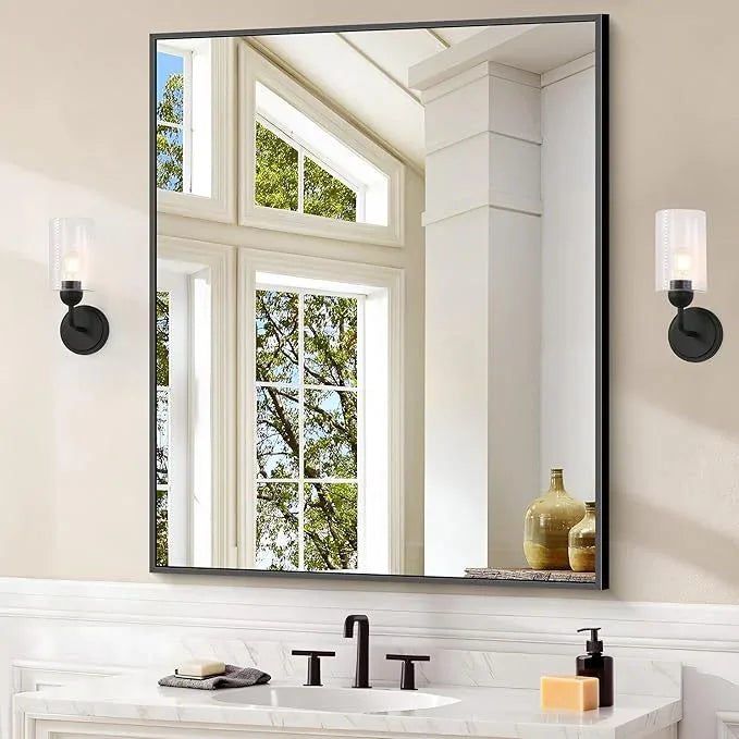 COFENY Black Bathroom Mirror for Wall, 30x36 Inch Rectangle With Metal Frame, Modern Vanity for Bathroom Living Room, Entryway Hangs Horizontal or Vertical - ModernBath
