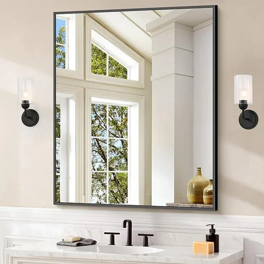 COFENY Black Bathroom Mirror for Wall, 30x36 Inch Rectangle With Metal Frame, Modern Vanity for Bathroom Living Room, Entryway Hangs Horizontal or Vertical - ModernBath