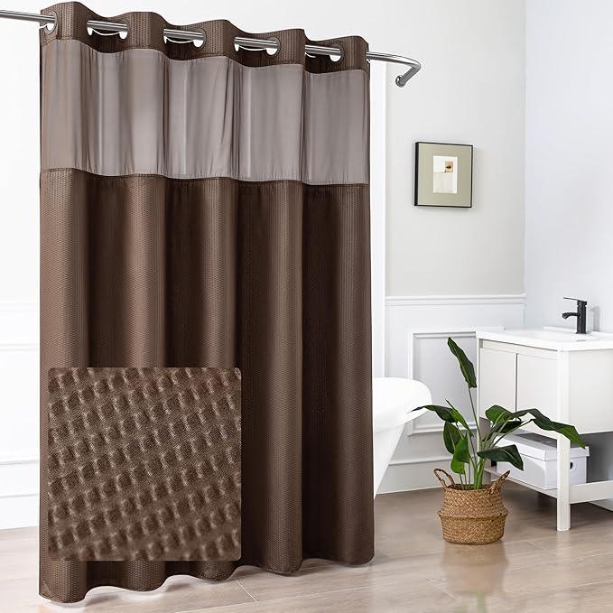 Mrs Awesome No Hook Shower Curtain with Snap-in Liner, Embossed Waffle Design Fabric Shower Curtain for Bathroom, Soft & Lightweight, 71x74, Chocolate - ModernBath