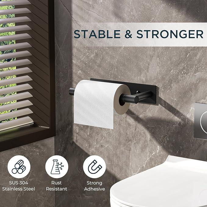 FORIOUS Black Toilet Paper Holder, Adhesive or Wall Mounted Options, Stainless Steel Rustproof Stick on no Drilling Double Post Pivoting Toilet Tissue Roll Holder Wall Mount for Bathroom, Matte Black - ModernBath