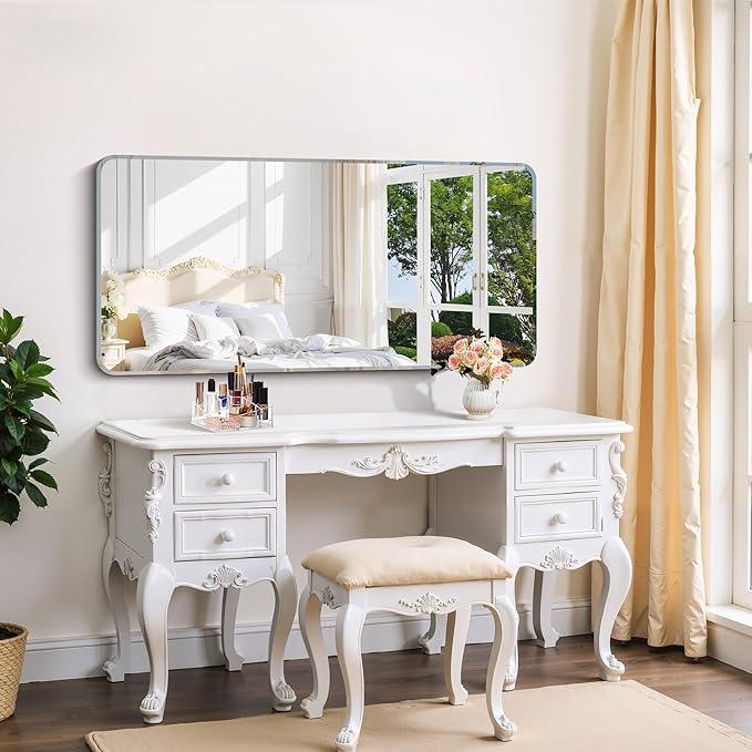CILIBER Frameless Mirror, 24x48 Beveled Bathroom Mirror Rounded Corner, Frameless Wall Mirror Shatterproof Tempered Glass Lightweight Design for Bedroom Living Room Entryway - ModernBath