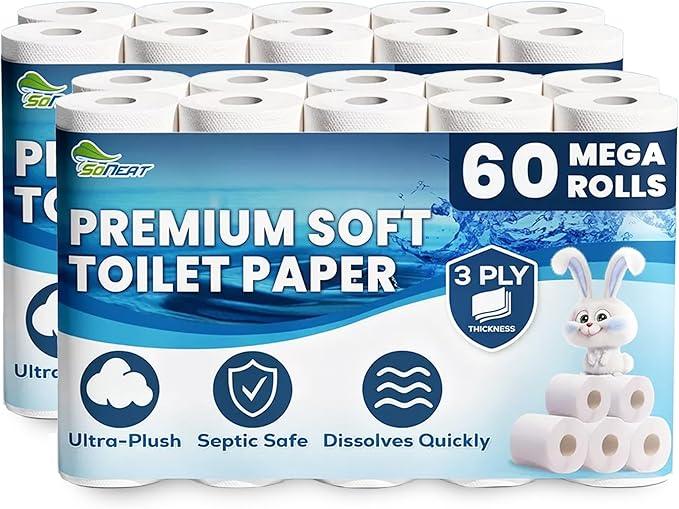 SoNeat Premium 3-Ply Toilet Paper – 60 Rolls Ultra Soft, Strong, Septic-Safe Commercial Toilet Paper | Super Absorbent Bath Tissue | Ideal for Commercial, Home & RV Use (3-Ply, 60, Count) - ModernBath