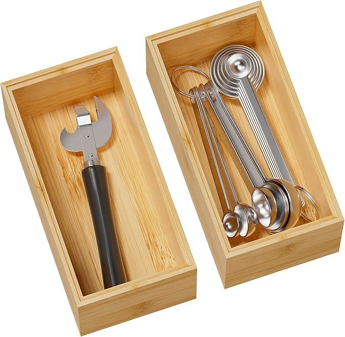 Kitchen Drawer Organizer Bins, Stackable Bamboo Deep Drawer Organizer for Silverware, Utensils, Cutlery, Flatware, Junk Drawer, Dresser, Bathroom, 6" x 3" x 2.5" (Set of 2) - ModernBath