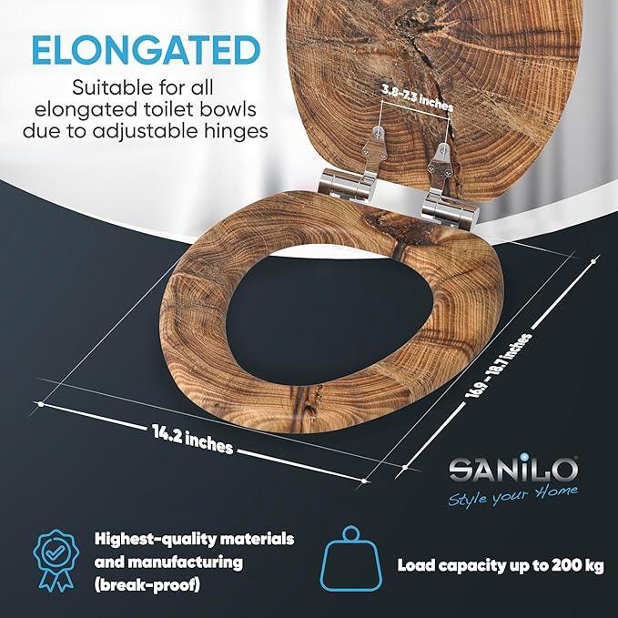 SANILO Wooden Toilet Seat with Soft Close [ELONGATED] - Decorative, Quiet & Slow Close Molded Wood Seat - With Strong Bumpers & Hinges - Adjustable Fit - Old Tree - ModernBath