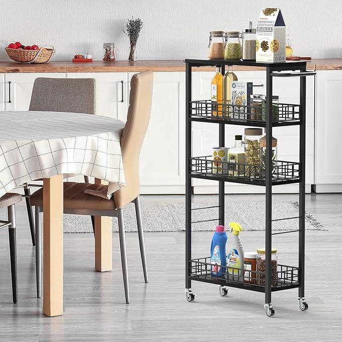 Slim Storage Cart 4 Tier Rolling Kitchen Cart Utility Serving Cart Laundry Room Narrow Cart with Handle Mobile Sheving Unit Organizer Wood Rolling Storage Cart for Bathroom Small Spaces, Modern Black - ModernBath