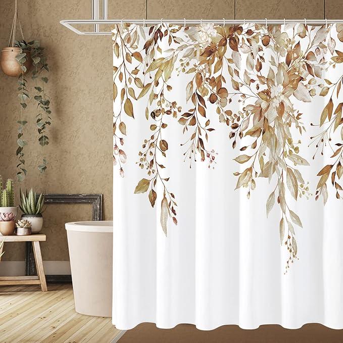 Gibelle Brown Eucalyptus Shower Curtain, Watercolor Plant Leaves with Floral Bathroom Shower Curtain Set, 72x72 - ModernBath