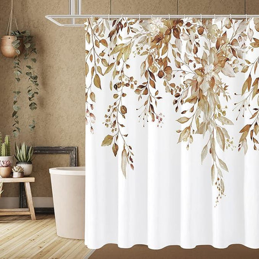 Gibelle Long Shower Curtain 72 x 78, Brown Floral Shower Curtain for Bathroom, Watercolor Plant Eucalyptus Leaves Fabric Shower Curtain Set - ModernBath