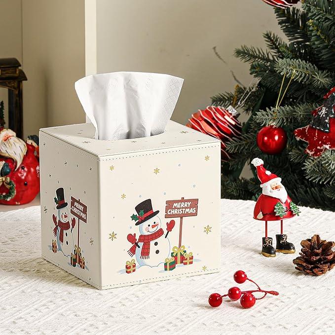 Luxspire Christmas Tissue Box Cover, 5.51" Square Tissue Box Cover with Magnetic Closure, Tissue Box Holder Christmas Decor for Living Room Bedroom Countertop Cars Hotels, Christmas Snowman - ModernBath