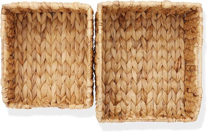 Casafield Set of 2 Water Hyacinth Pantry Baskets with Handles - Natural, Woven Storage Bin Organizers for Kitchen Shelves, Medium and Large Sizes - ModernBath