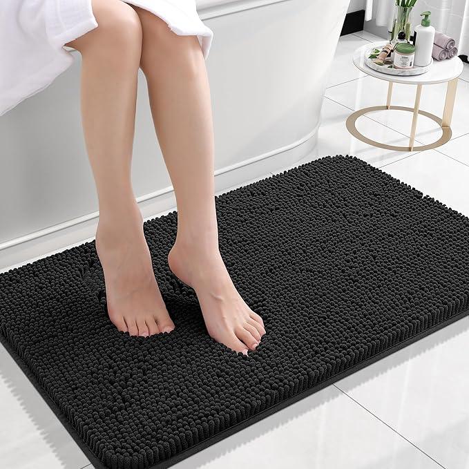 OLANLY Bathroom Rugs 30x18, Extra Soft Absorbent Chenille Bath Rugs, Rubber Backing Quick Dry, Machine Washable Bath Mats for Bathroom Floor, Tub and Shower, Home Decor Accessories, Black - ModernBath