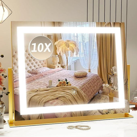 ROLOVE Vanity Mirror with Lights 22"x18", Lighted Makeup Mirror with 10X Magnification, Smart Touch 3 Colors Dimmable, 360° Rotation, Women Gift, Dresser Mount, Bathroom (Gold) - ModernBath