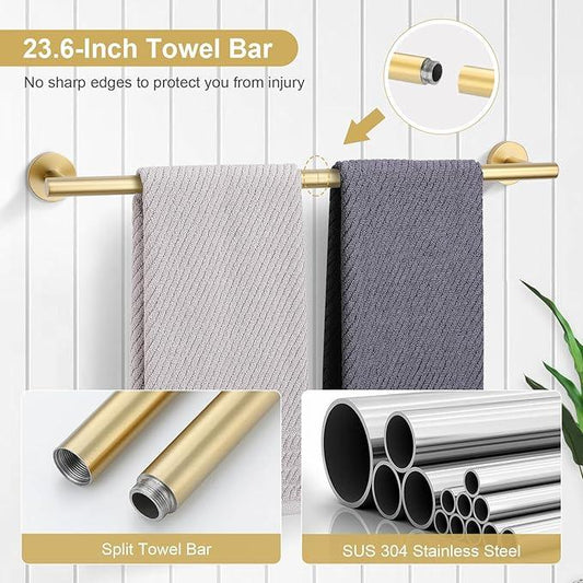 TQKAG Brushed Gold Bathroom Hardware Accessories Set 10-Pieces, Premium SUS304 Stainless Steel Bathroom Towel Bar Holder Set 23.6 Inch Round Towel Racks for Bathroom Wall Mounted - ModernBath