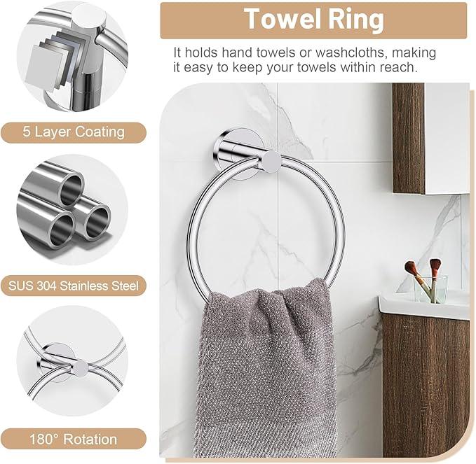 Polished Chrome Bathroom Hardware Set, 4-Piece Towel Holder Set Include Double Bases Toilet Paper Holder,Towel Ring and 2 Towel Hooks Stainless Steel Wall Mounted Bathroom Hardware Accessories Set - ModernBath