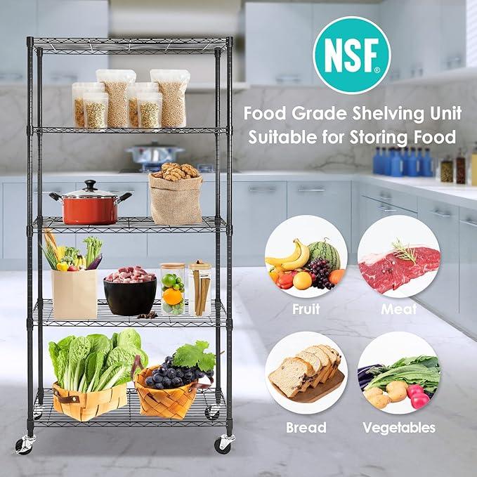 BNSPLY 5 Tier Wire Shelving Unit, Adjustable Metal Storage Rack, Mobile Wire Shelves for Kitchen, Laundry, Bathroom, Pantry, Closet Organization (17.7" D x 35.5" W x 71" H, Black) - ModernBath
