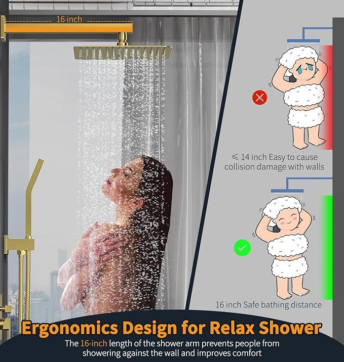SR SUN RISE 12 Inches Bathroom Luxury Rain Mixer Shower Combo Set Wall Mounted Rainfall Shower Head System Brushed Nickel Finish Shower Faucet Rough-In (12 Inch, Brushed Gold) - ModernBath