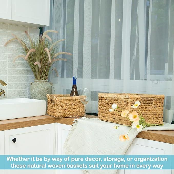 Water Hyacinth Storage Baskets with Wooden Handles, Rectangular Woven Organizer Bins for Closet, Pantry, Bathroom, or Shelves, Natural Decorative Storage Baskets for Home Organization – Set of 3 - ModernBath