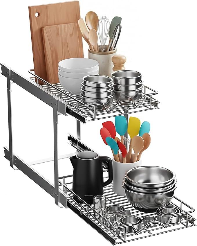 HOLDN’ STORAGE Two Tier Pull Out Cabinet Organizer, Individual Sliding Drawers - Heavy Duty Metal with Lifetime Limited Warranty - Anti Rust Chrome Finish - 12" W x 21”D x 16.5" H - ModernBath