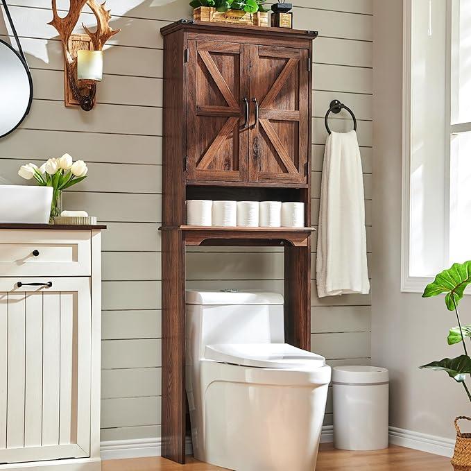 ACCOHOHO Over The Toilet Storage Cabinet, Farmhouse Bathroom Cabinet with Adjustable Shelf & Barn Door, 67" Tall Over The Toilet Shelf, Brown - ModernBath