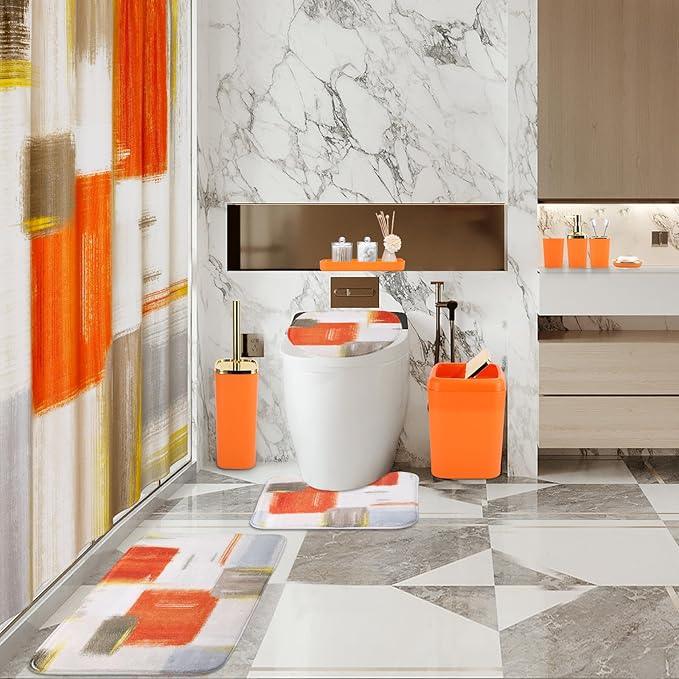 XLHOMO Bathroom Set - Orange Bathroom Accessories Set, Bathroom Sets with Shower Curtain and Rugs, Orange Shower Curtain Set with Bathroom Trash Can, Soap Dispenser, Soap Dish for Home Decor - ModernBath
