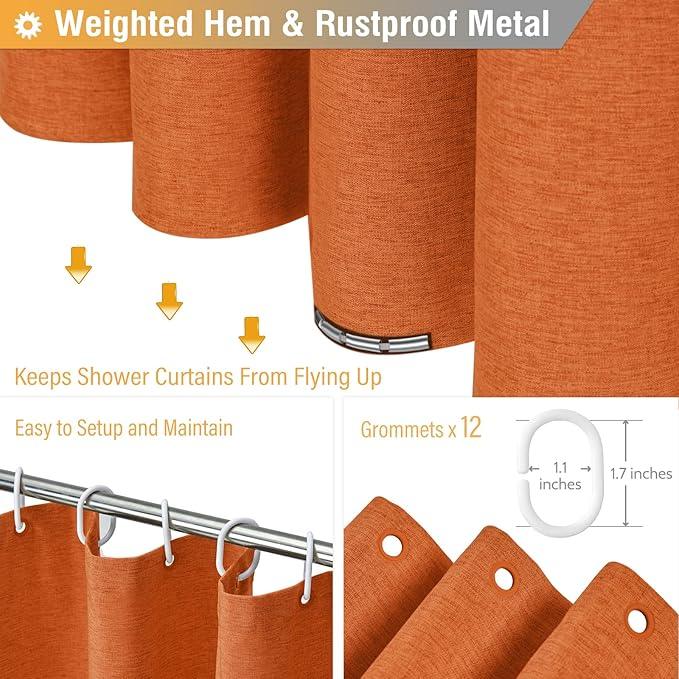 BTTN Extra Long Shower Curtain, 72x84 Inches Long Linen Textured Heavy Duty Fabric Shower Curtain Set with 12 Plastic Hooks, Tall Luxury Simple Waterproof Cloth Shower Curtains for Bathroom - Orange - ModernBath