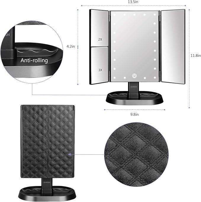 deweisn Trifold Lighted Vanity Makeup Mirror with 21 LEDs Lights,1x/2x/3x Magnification and Touch Screen Dimming,Two Power Supplies Makeup Mirror, Gift for Women - ModernBath
