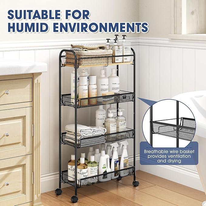 TOOLF 4-Tier Slim Rolling Cart, Metal Utility Cart, Slide Out Storage Cart with Wooden Tabletop and Mesh Baskets for Narrow Space on Kitchen Bathroom Laundry Room Bedroom Apartments Dormitory - ModernBath