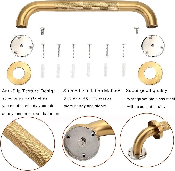 Rackickyer Shower Grab Bar, 2 Pack 16 Inch Gold Bathroom Grab Bar, 1.25" Diameter 304 Stainless Steel Anti-Slip Grab Bars for Bathtubs and Showers, Handicap Shower Grab Bar for Seniors Elderly - ModernBath