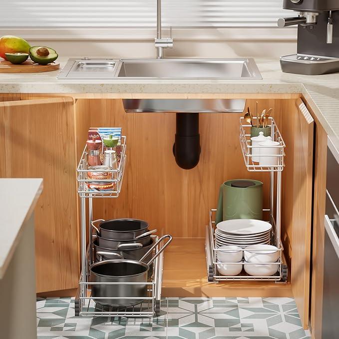 Under Sink Organizer 9"W X18.5"D，Pull Out Cabinet Organizer 2 Tier，Under Sink Slide Out Organizer Chrome Plated, Under Kitchen Bathroom Sink Organizer, Pantry Cabinet Closet Organization Rack, 1 Pack - ModernBath