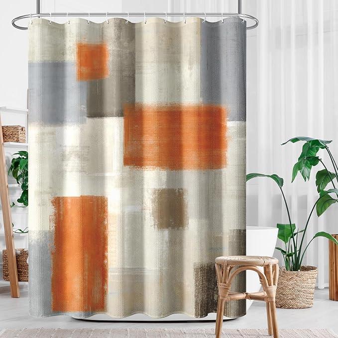 Culudea Beige Orange Painting Shower Curtain Set, Grey Contemporary Modern Bathroom Window Waterproof Shower Curtain Set for Bathroom Decor - ModernBath